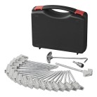 Tent peg set – top view showing metal screws, plastic hooks, and a black carrying case on a plain white background.