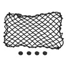 Ablagenetz elastisch 30 x 18cm – Draufsicht auf schwarzes, elastisches Netz mit 4 Befestigungselementen.