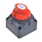 Battery disconnect switch – front view featuring a red rotary knob, battery symbol, and four mounting holes.