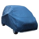 Couverture de voiture XS Smart – vue de face – en bleu et noir, matériau résistant à l'eau avec ourlet élastique.