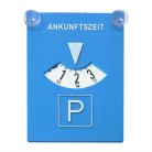 Parking disc – front view with blue and white colors, suction cup holder, and time indicator for parking.