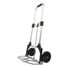 Transport Trolley klappbar Aluminium – Frontansicht mit großen schwarzen Rädern und silberner Oberfläche.