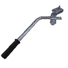 Handbrake lever – side view showing rubber grip, curved lever, and mounting bracket in silver and black.