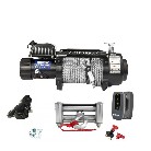Verricello elettrico HUSAR 12V – vista frontale – colore nero e argento con cavo in acciaio e telecomando.