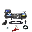 Elektrische 12V Seilwinde HUSAR – Frontansicht mit schwarzem Gehäuse und blauem Kunststoffseil.
