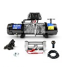 Electric 12V Winch BST 13500 lbs – front view showcasing black and silver design with steel cable and remote control.