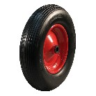 Roue en acier avec pneu PU 4.00x8 – surface rainurée et trou de roulement de 20 mm, couleur noire et rouge.