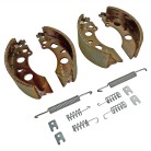 Bremsbacken Bremsbeläge original Alko – Draufsicht mit braunen Bremsbacken und silbernen Befestigungen, 200 x 50 mm.