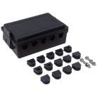 Kabelverbinder Dose – Draufsicht mit 10 poligem Anschlussblock und schwarzen Gummi Kabeltüllen