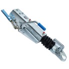 Schlegl overrun device – side view showing blue handle lever, rubber bellows, and multiple mounting holes.