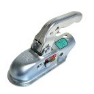 Knott ball coupling KK14-B – side view showing lever up, safety latch, and adjustment knob in silver and black.