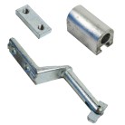 Gångjärn för droppsidor – galvaniserat stål med fallögla och aluminiumprofil, total längd ca 132 mm.