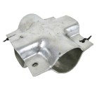 Klemmschale – Schrägansicht in silber, für 60/64mm Achsrohr und 60mm Zugrohr mit zwei Bohrungen für M12 Schrauben.