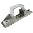 Auflagebock – Seitenansicht aus verzinktem Stahl mit Klemmverbindung für 60mm Vierkantrohr in Silber und Grau.