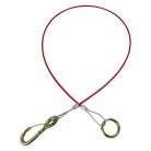 Abreißseil – Frontansicht mit PVC-Ummantelung, Karabinerhaken und Ring in Rot und Silber.