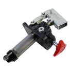 Handpumpe – Seitenansicht mit rotem Hebel, doppelt wirkendem Mechanismus und schwarzem Metallgehäuse.