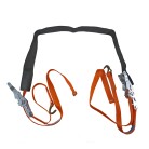 Cinghia speciale per l'attacco posteriore delle motociclette – colore arancione con cricchetti a pressione e ganci metallici.