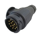 Sidevisning af 13 pin kvalitets trailerstik – sort plastikhus med gummidåse til 1 og 2 kabler.