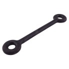 Zijaanzicht van een zwarte rubber bevestiging – 165 mm lang met twee ronde uiteinden en gaten van 12 mm.