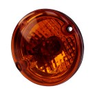 Aspöck Roundpoint lamp – geel zwaailicht met ronde vorm en transparante lens, vooraanzicht op witte achtergrond.