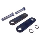 Toppvy – anslutningsdelar med två plattjärn, två bultar och två säkerhetsfjädrar i svart och silver.