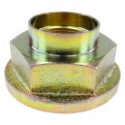Flangemøtrik M30 x 1,5 – hexagonal form med indvendig gevind i guld og sølv farve.