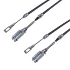 Frontvy av 2 x Bowdenkabel bromskabel – svart och silver med gaffelhuvud, lämplig för BPW 230 x 40 RASK.