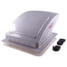 Maxxfan Deluxe – top view of white motorized roof vent with rain shield and remote control