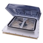 Fiamma Turbo Vent Crystal – Schrägansicht mit transparentem Deckel und weißen sowie schwarzen Elementen.