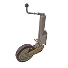 Semi-automatic heavy duty jockey wheel – front view showing universal flange, silver galvanized finish, and black crank...