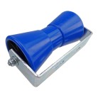 Konische Kielrolle Polyethylen (PE) – Frontansicht mit blauer Rolle und silberner Halterung aus Stahl.