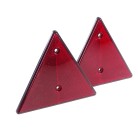 Riflettori triangolari rossi – vista frontale con superficie riflettente e due fori di montaggio.