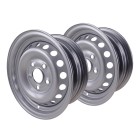 Set of 2 rims – front view showing 5 bolt holes, 13-inch diameter, painted silver finish.