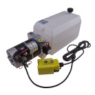Hydraulic unit 12V 8 litre tank – angled view showing white tank and black hydraulic motor with switch box.