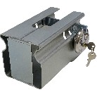 Universel bokslås – galvaniseret stål med nøglelås og justerbar længde, monteringshuller til fastgørelse.