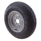 145-10 wheel rim – side view showing black tire with tread pattern and silver rim with 4 bolt holes.
