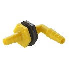 Tankdurchführung mit gewinkelter Schlauchtülle – gelb und schwarz, hexagonale Basis, auf weißem Hintergrund.