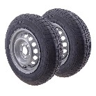 Set of 2 155 R13C 84N wheels – front view showing black tires and silver rims with 5 bolt holes.