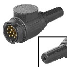 Vooraanzicht van een 13-polige aanhangerstekker PVC Jaeger-type – zwarte kleur met lange 1-gats tule voor kabelinvoer.