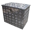 Aluminium drawbar storage box – front view showcasing a silver diamond plate pattern and lockable latch.