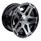 10 inch alloy rim – angled view showing black and silver finish with 5x112 bolt pattern and mounting holes.