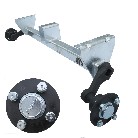 Schlegl trailer axle – front view showing galvanized finish and 750kg capacity with 4x100 bolt pattern.