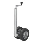 Voor aanhanger – dubbel steunwiel met massief rubberen banden van 200 x 50mm en een diameter van 48mm.