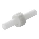 Slangekobling 12mm – hvid kobling med barbed ender og central connector, set forfra på hvid baggrund.