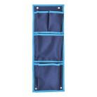 Hanging storage organizer – front view with four compartments in navy blue and two metal eyelets for hanging.