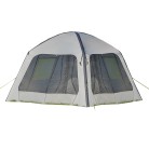 Vooraanzicht van een zijwand met vliegengaas – grijs met groene accenten voor een opblaasbaar paviljoen.