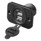 USB Doppel Einbausteckdose – Frontansicht mit zwei USB-Ports in Schwarz und Kontrollleuchte für 12V/24V Nutzung.