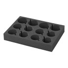 Porte-gobelet en mousse souple – vue de dessus – avec découpes pour verres de 7,5 cm et 6 cm, couleur noire et grise.