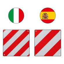 Panneau de signalisation en aluminium – design dual pour l'Italie et l'Espagne avec rayures rouges et drapeaux circulaires.