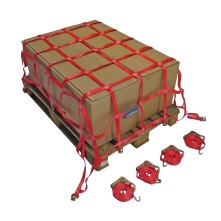 Ladungssicherungsnetz aus Gurtband – Frontansicht in rot mit 4 D-Ringen und rechteckiger Form.